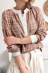 Mulit-Color Plaid Round Neck Long Sleeve Blouse OutfitFlow